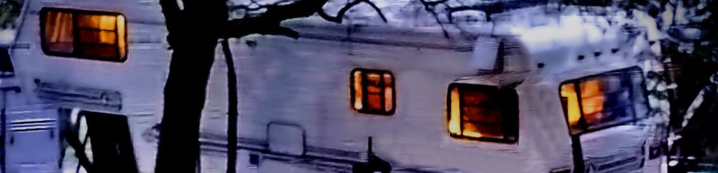 A dark tree trunk stands in the foreground, obscuring a white RV with illuminated windows in the background.
