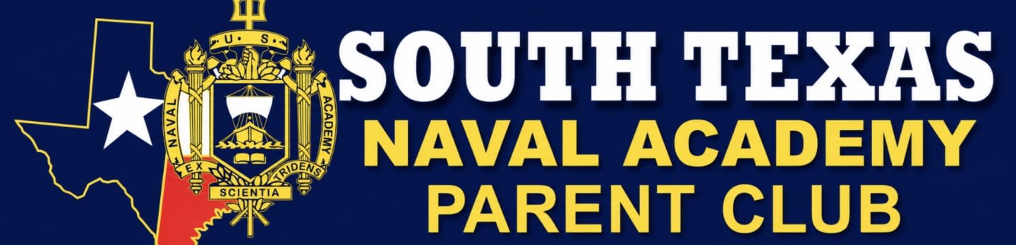 A Texas outline with a star and a crest are on the left, while "SOUTH TEXAS NAVAL ACADEMY PARENT CLUB" is written in white and yellow text on a dark blue background.