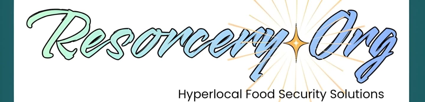 A teal border frames a white background with the cursive text "Resorcery.Org" in light green and blue, and below it, the tagline "Hyperlocal Food Security Solutions."