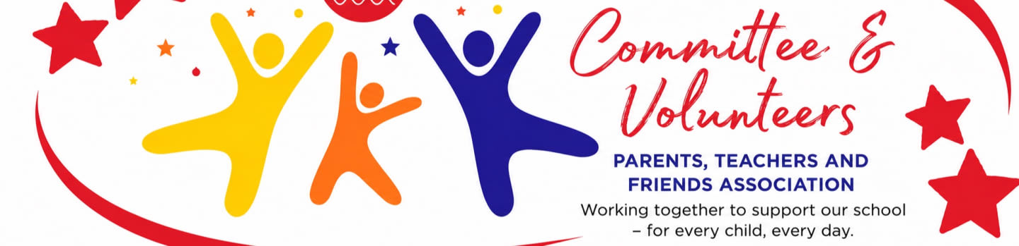 Colorful figures of people jumping are in the foreground, with text about a committee and volunteers in the background.