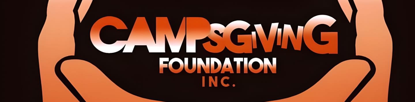 Two orange hands cradle the words "CAMPS GIVING FOUNDATION INC." against a dark background.
