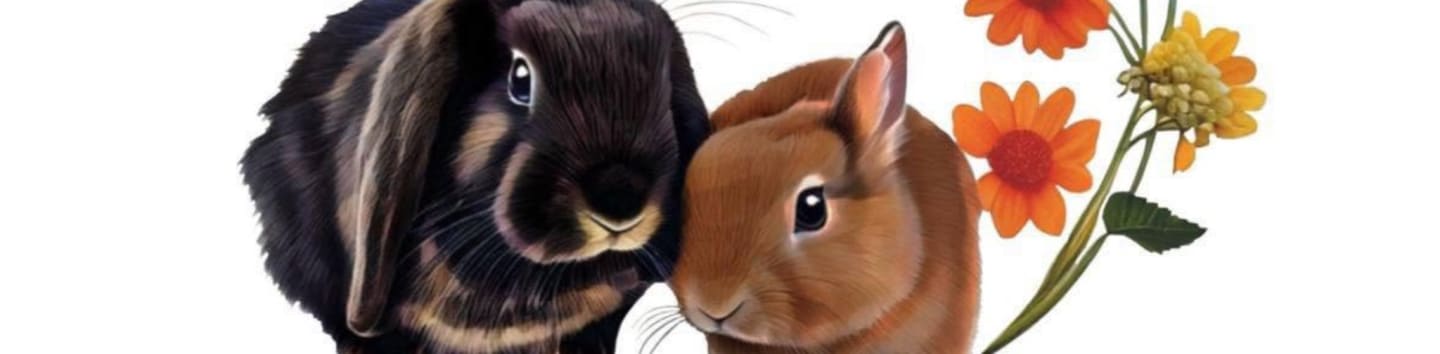 Two rabbits, one dark brown and one light brown, are nestled together in the foreground, with bright orange and yellow flowers in the background.