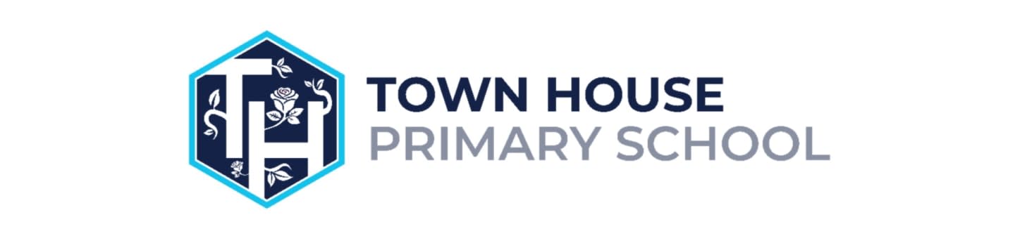 A hexagonal logo with the letters "TH" and floral elements is on the left, with the words "TOWN HOUSE PRIMARY SCHOOL" to its right, all against a white background.