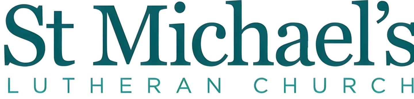 Teal text reading "St Michael's" is in the foreground, with "LUTHERAN CHURCH" in smaller, lighter teal text below it, all on a white background.