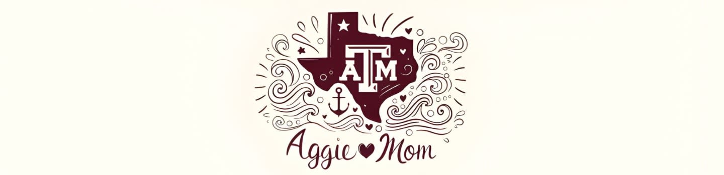 A maroon Texas outline with "A&M" inside is surrounded by decorative waves and bursts, with "Aggie Mom" written below on a cream background.