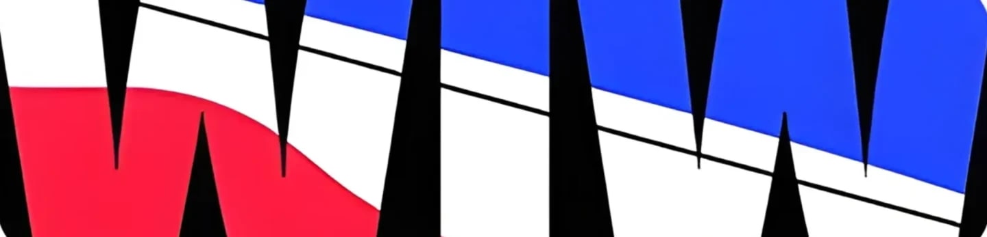 A red and blue abstract design with sharp black edges is set against a white background.