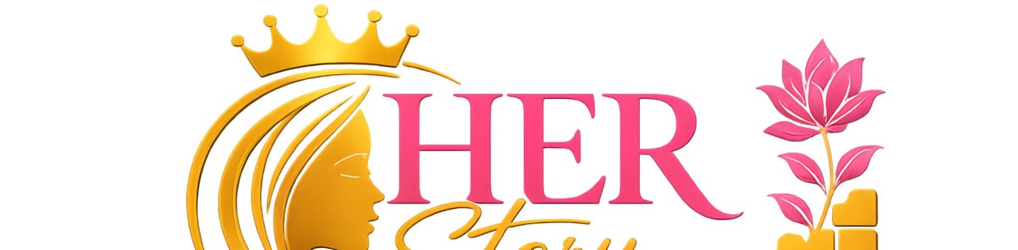 A golden crown adorns a woman's silhouette and the word "HER" in pink, with a pink lotus flower and the word "Story" in gold script in the background.