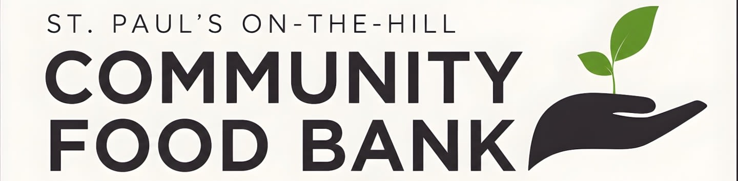 A black hand holds a green sprout in the foreground, with "ST. PAUL'S ON-THE-HILL COMMUNITY FOOD BANK" written in bold black text on a cream background in the background.