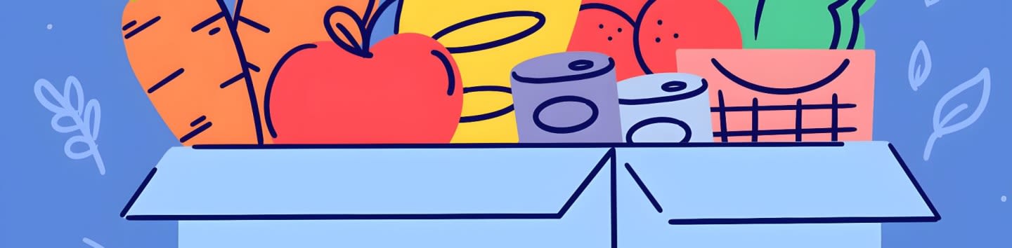A light blue box overflows with colorful cartoon groceries, including carrots, an apple, cans, and fruit, against a solid blue background with decorative leaves.