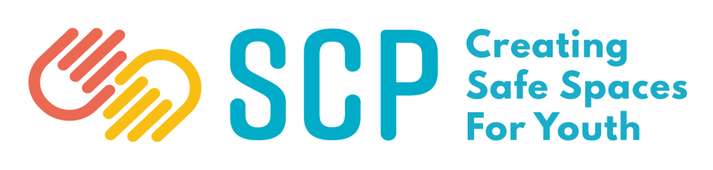 Two stylized hands, one red and one yellow, are on the left, followed by the teal text "SCP" and the teal text "Creating Safe Spaces For Youth" on the right.