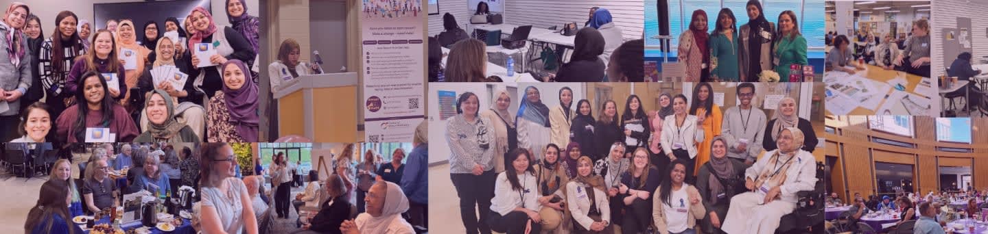 A collage of photos shows groups of women posing for pictures in various indoor settings, with some images featuring presentations and seated audiences in the background.