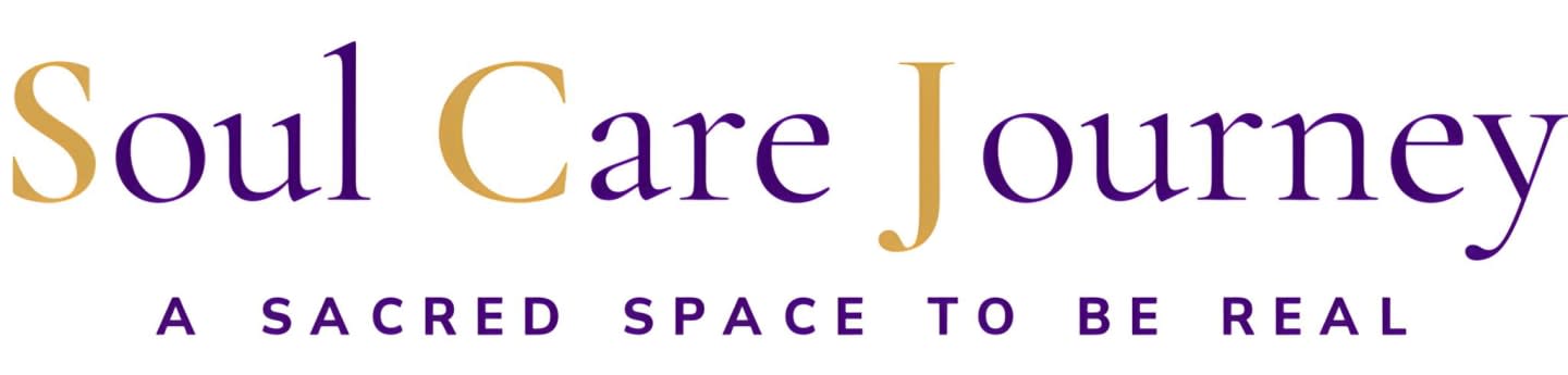 The words "Soul Care Journey" are written in a mix of purple and gold serif font, with the tagline "A SACRED SPACE TO BE REAL" in smaller purple sans-serif font below, all on a white background.