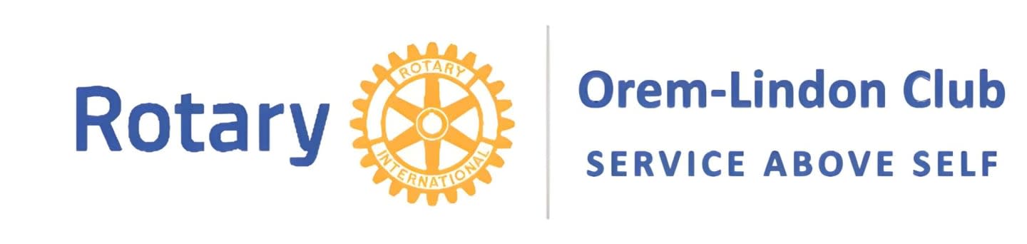 The foreground displays the word "Rotary" next to a golden gear emblem, while the background features the text "Orem-Lindon Club SERVICE ABOVE SELF" on a white backdrop.