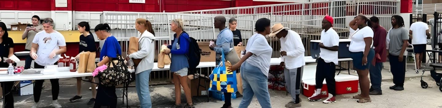 People stand in line at tables with food and drinks, with a red building and white fencing in the background.