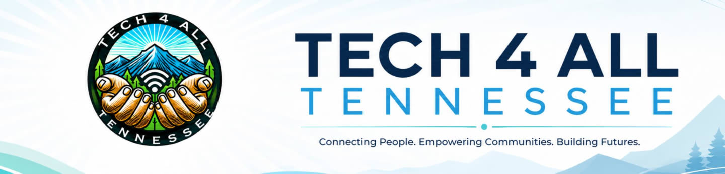 Two hands cradle a Wi-Fi symbol against a mountain backdrop, with "TECH 4 ALL TENNESSEE" text and a tagline in the background.