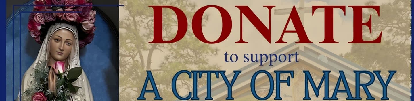 A statue of Mary adorned with roses is on the left, while the right side features text that reads "DONATE to support A CITY OF MARY" against a background of trees and a building.