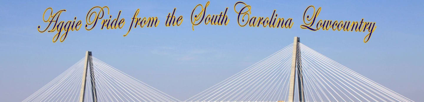 Golden text reads "Aggie Pride from the South Carolina Lowcountry" against a clear blue sky, with the tops of two cable-stayed bridge towers and their cables filling the lower portion of the frame.