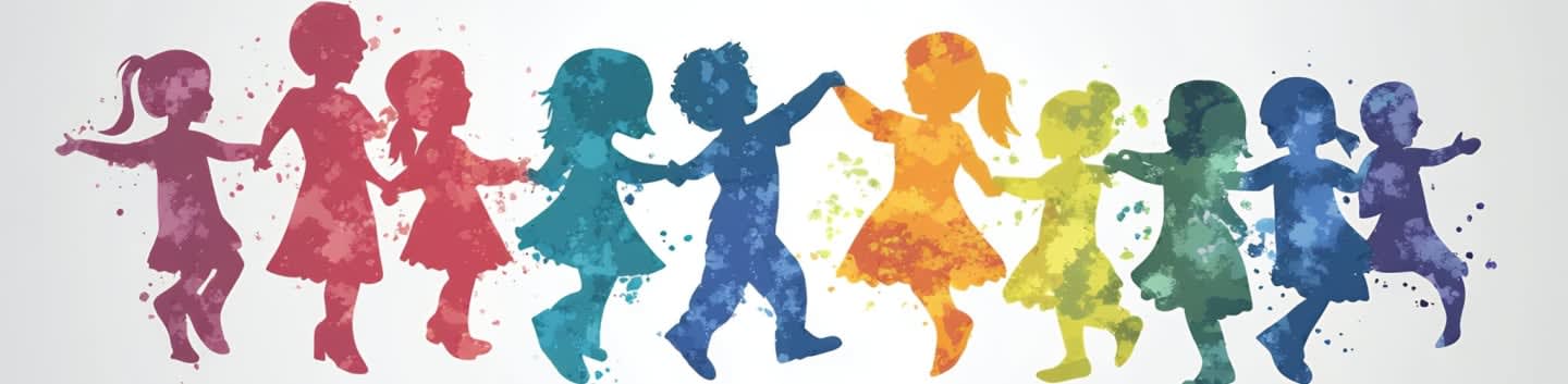 A line of colorful, silhouetted children holding hands dance across a light gray background.