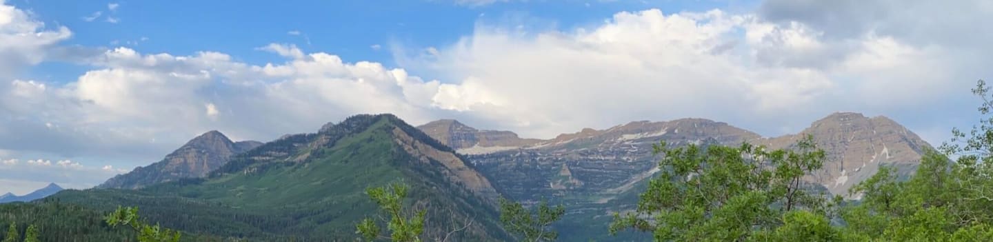 Lush green trees in the foreground frame a majestic mountain range under a cloudy blue sky.