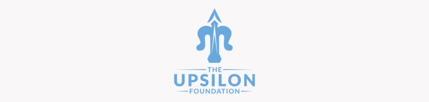 A blue abstract symbol resembling a trident sits above the words "THE UPSILON FOUNDATION" on a white background.