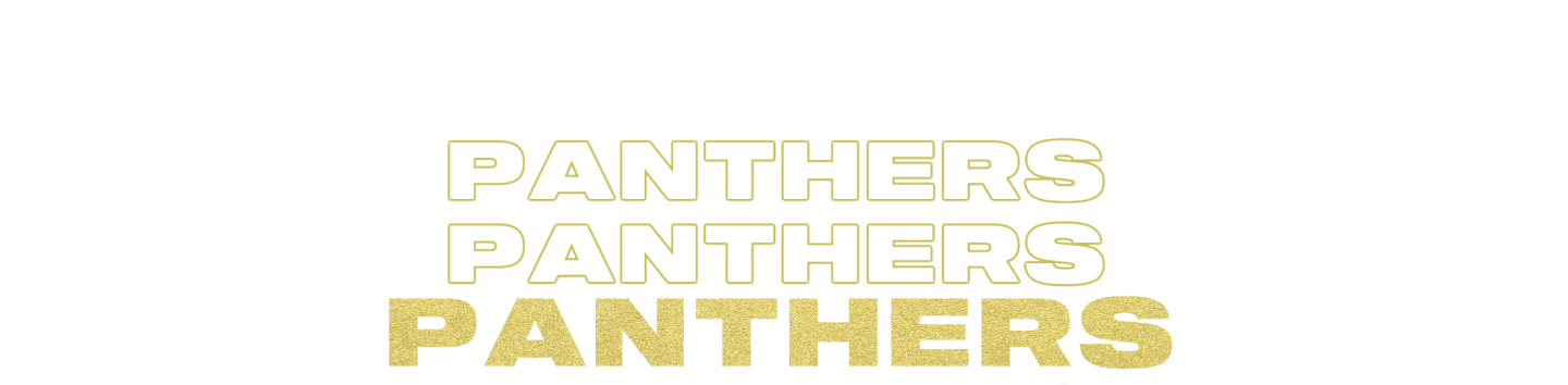 Three stacked lines of the word "PANTHERS" in gold and white are centered on a white background.