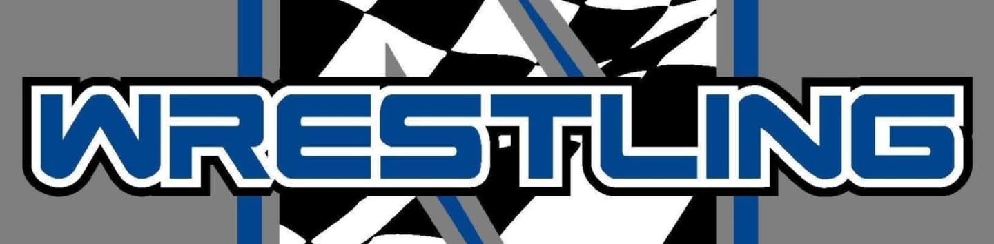The word "WRESTLING" in blue with a white outline is centered over a background of a black and white checkered pattern with gray and blue stripes.