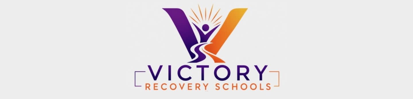 A stylized purple and orange "V" with a person reaching upwards forms the logo, with "VICTORY RECOVERY SCHOOLS" written below on a light gray background.