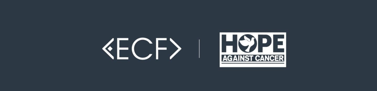 The foreground displays two logos, "ECF" and "HOPE AGAINST CANCER," separated by a vertical line, against a dark gray background.