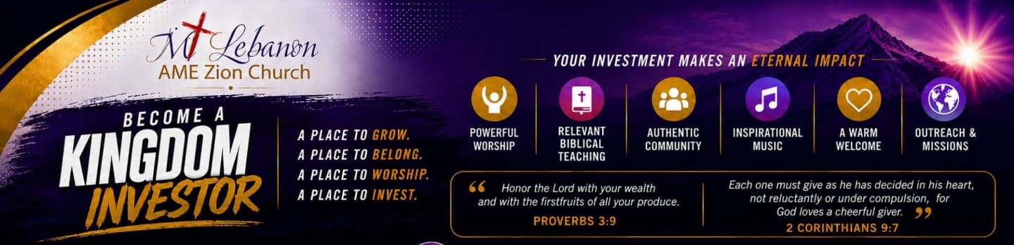 The foreground features bold text "BECOME A KINGDOM INVESTOR" and church information, while the background displays a mountain silhouette against a vibrant purple sky with a sunburst.