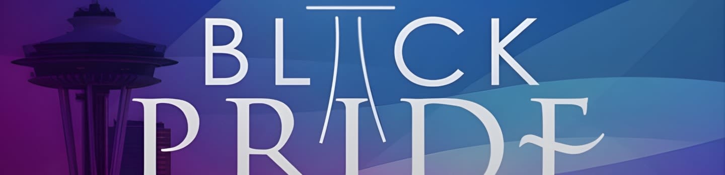 The Space Needle is silhouetted against a purple and blue gradient background with the words "BLACK PRIDE" in large white lettering.