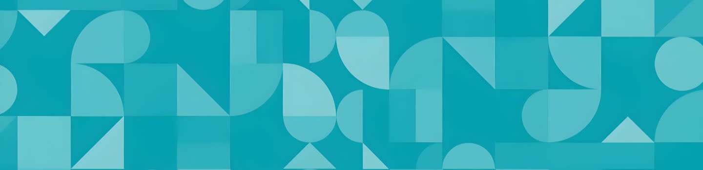 Teal geometric shapes, including squares, triangles, and semicircles, are arranged in a repeating pattern against a solid teal background.