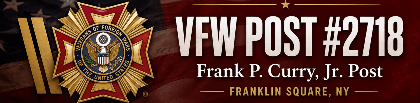 A VFW Post #2718 emblem and text are displayed against a backdrop of the American flag.