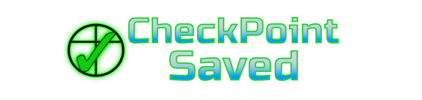 A green checkmark within a circle with a neon glow is to the left of the words "CheckPoint Saved" in a gradient of blue and green.