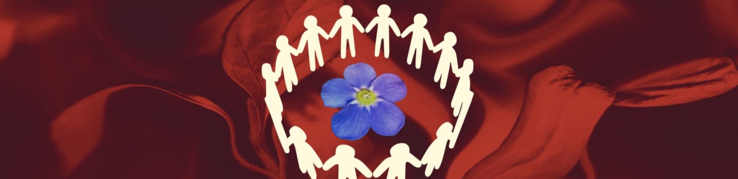 A circle of paper people holds hands around a blue flower against a flowing red background.