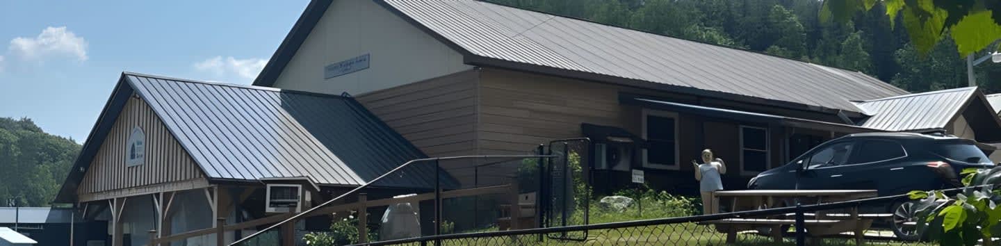 A dark SUV is parked in front of a rustic wooden building with a metal roof, set against a backdrop of lush green trees under a clear blue sky.
