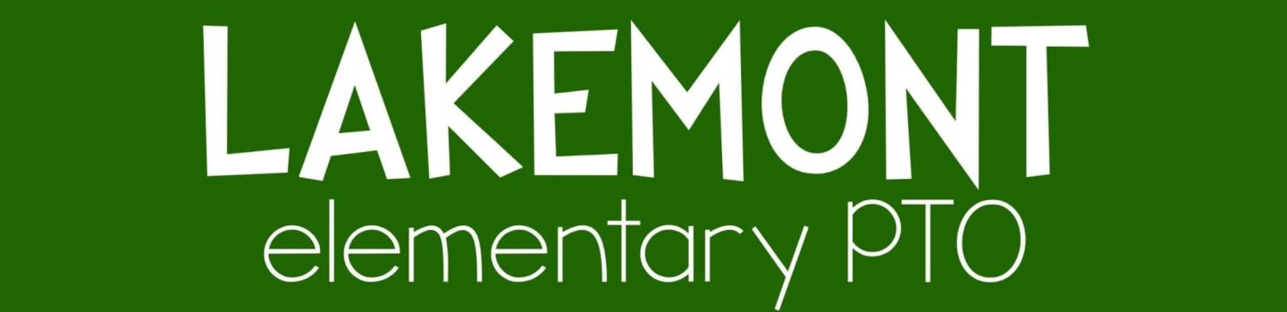White text reading "LAKEMONT elementary PTO" is displayed on a solid green background.