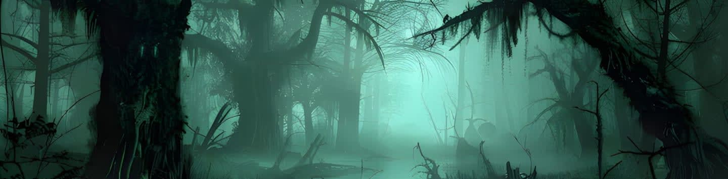 Dark, gnarled trees draped with moss rise from murky water in a misty, eerie swamp.