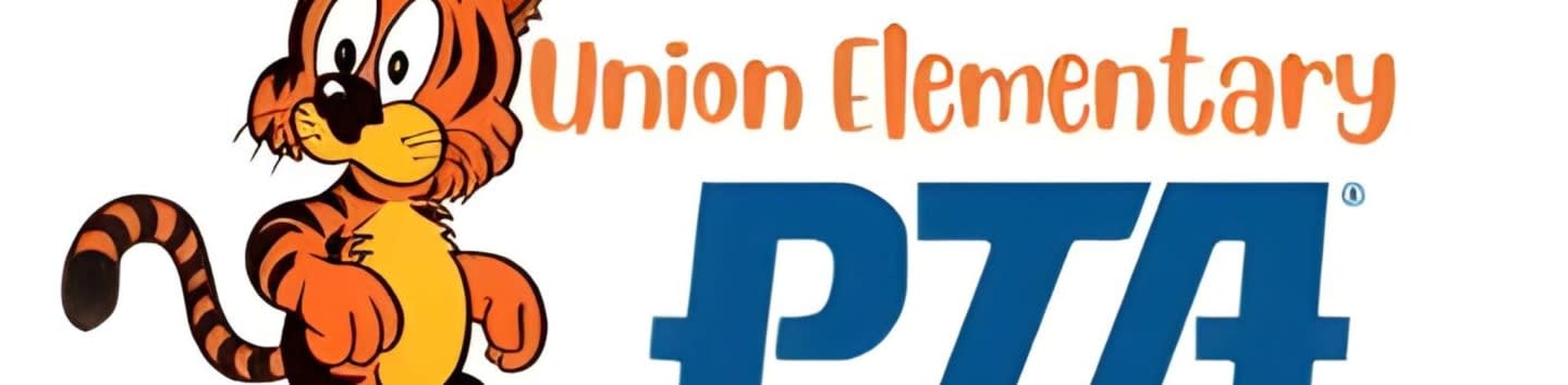 A cartoon tiger stands to the left of the words "Union Elementary PTA" on a white background.
