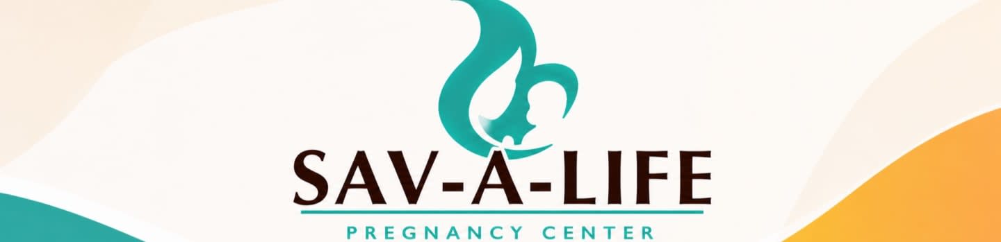 A teal flame-like logo with a silhouette of a baby is centered above the text "SAV-A-LIFE PREGNANCY CENTER" on a soft, abstract background of cream and orange waves.
