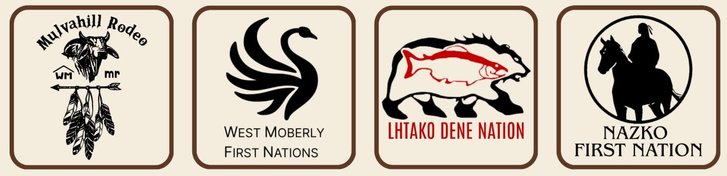 Four square emblems with rounded corners, each containing a black and white logo and text, are arranged horizontally against a light beige background.