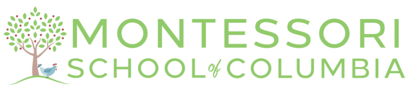 A stylized tree with a bird in the foreground is beside the words "MONTESSORI SCHOOL of COLUMBIA" in light green text on a white background.