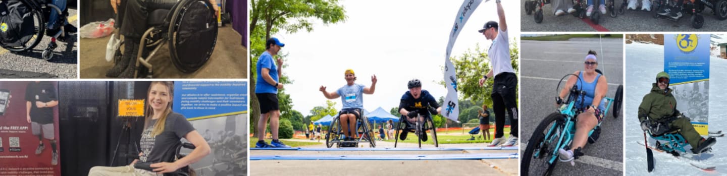 In the foreground, people in wheelchairs participate in a race, while the background shows a park with trees and tents.