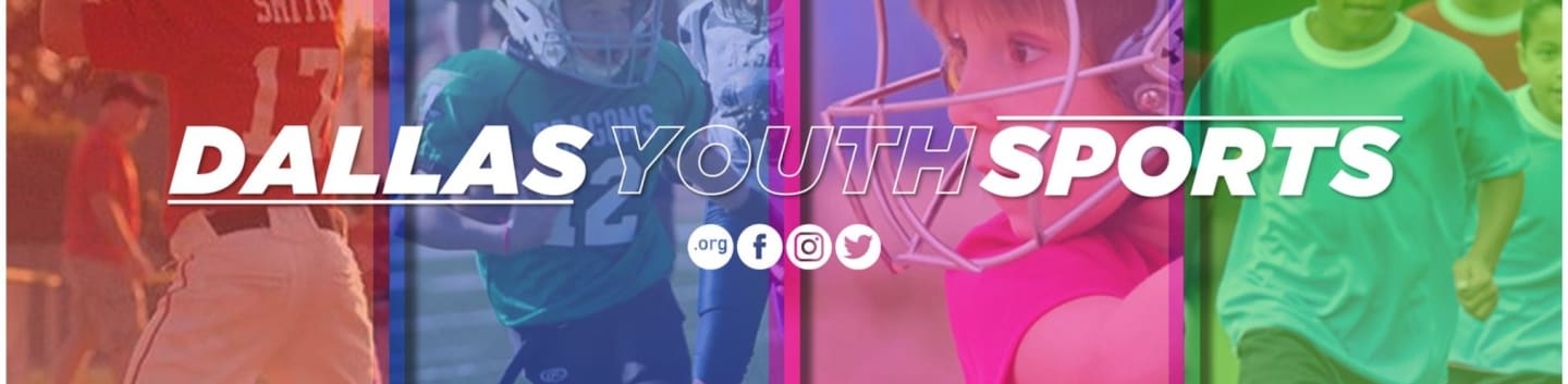 The foreground displays the text "DALLAS YOUTH SPORTS" with social media icons, while the background features a montage of children in sports uniforms.