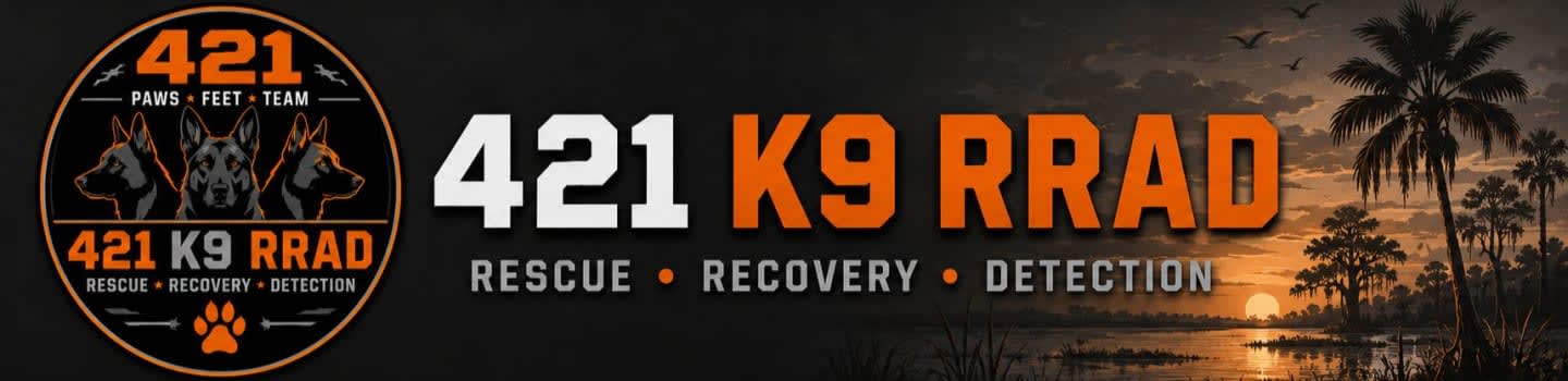 A circular logo with dog silhouettes and text is on the left, while the right features the text "421 K9 RRAD" above "RESCUE RECOVERY DETECTION" with a sunset over a swampy landscape in the background.
