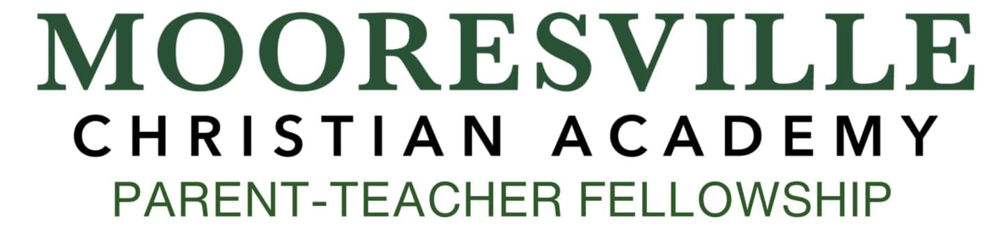 The foreground displays "MOORESVILLE CHRISTIAN ACADEMY PARENT-TEACHER FELLOWSHIP" in dark green and black text on a white background.