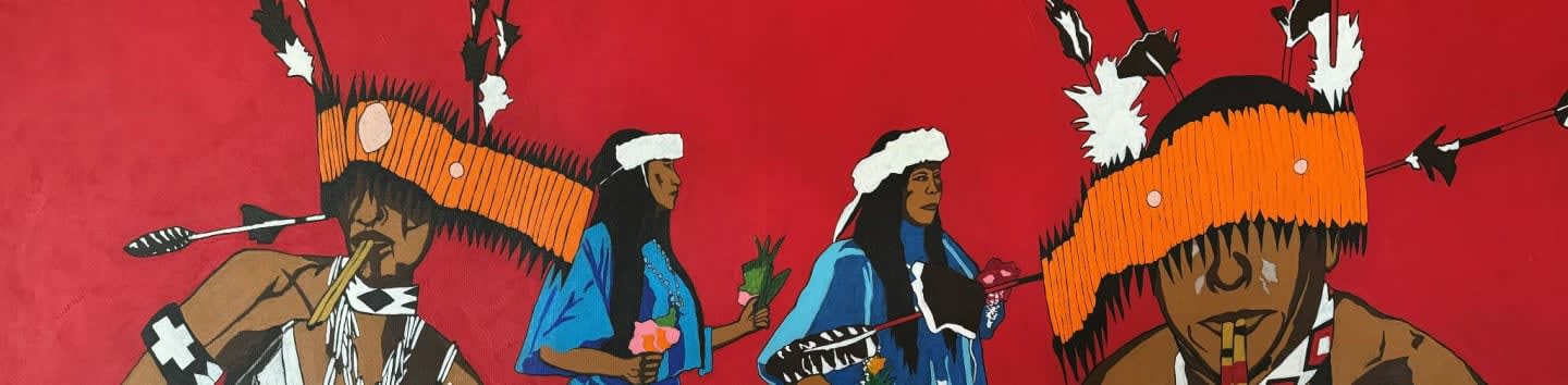 Four figures in traditional headdresses and blue robes stand against a vibrant red background.