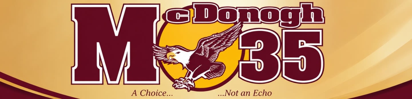A maroon eagle in flight is superimposed on a yellow circle, with the large maroon letters "M" and "35" flanking it, all set against a golden background with subtle wavy lines.