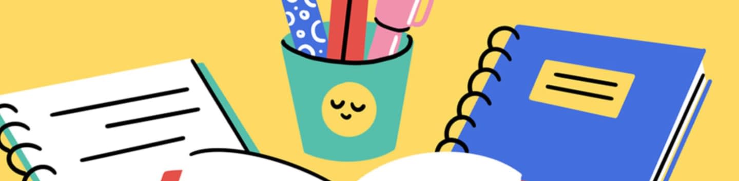 A notebook and a pen cup with pens sit on a yellow background.