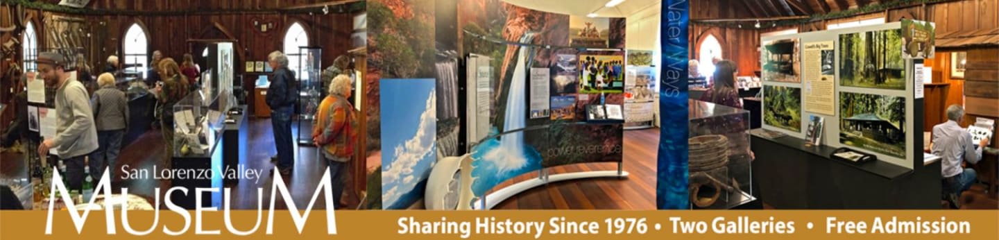 Visitors browse exhibits in a museum with wooden beams and arched windows in the background, while the foreground displays the museum's name and tagline.