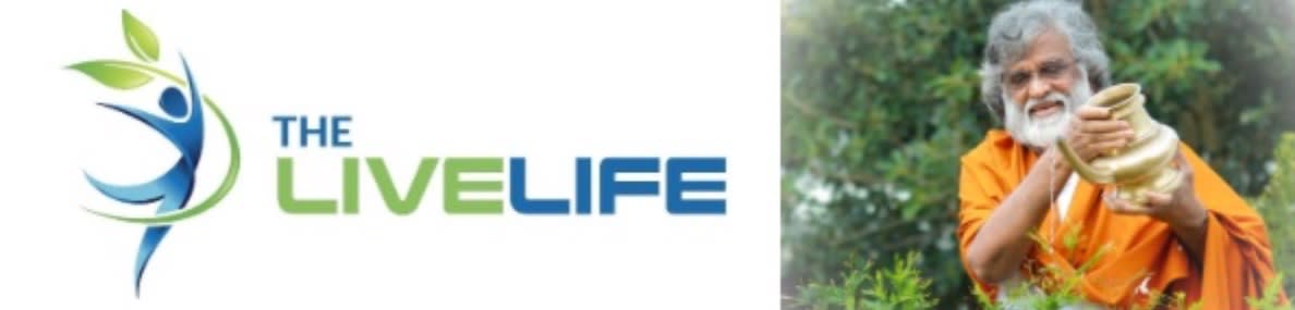 A logo with the text "THE LIVELIFE" is on the left, and an elderly man in an orange robe holds a clay pot in front of a leafy green background on the right.